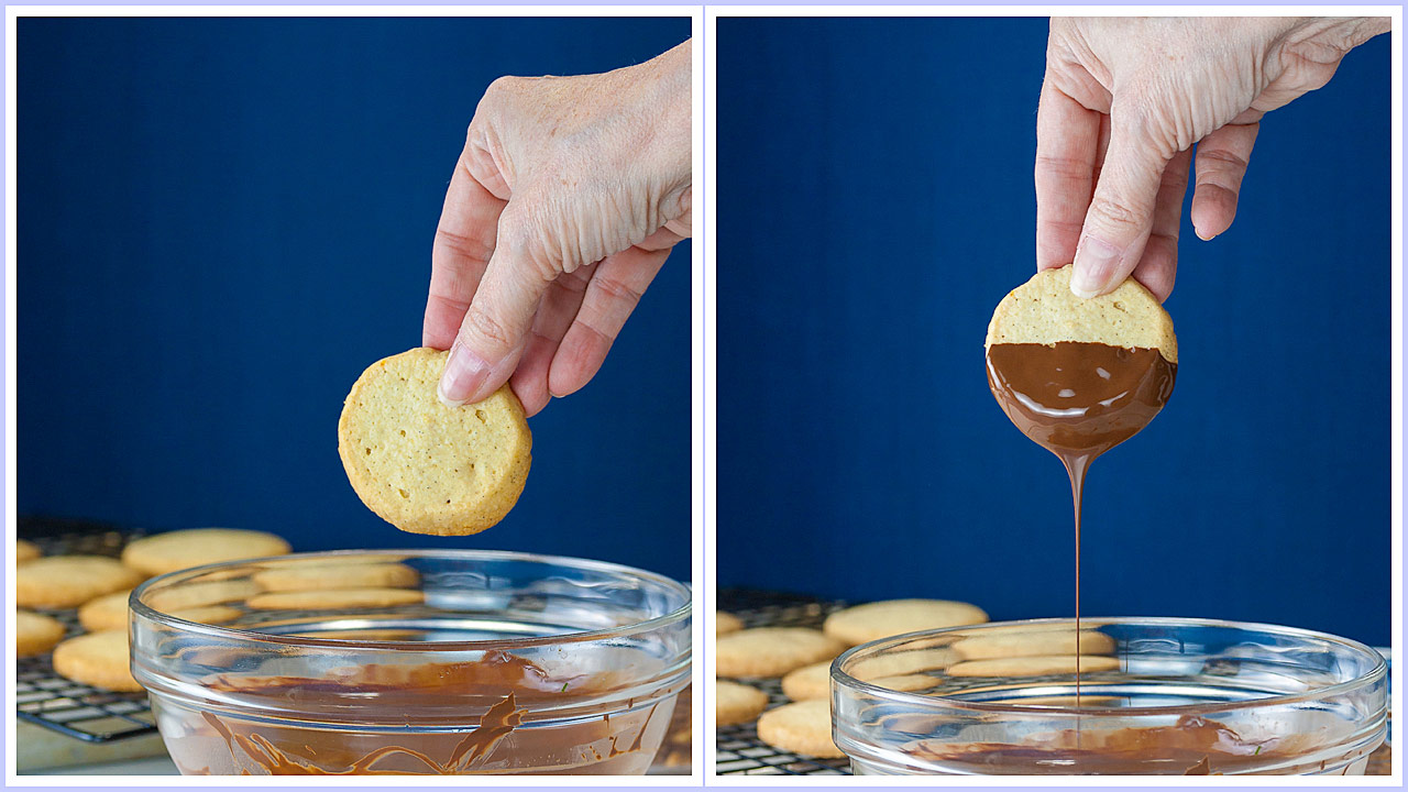 Dipping a cookie in the chocolate ganache
