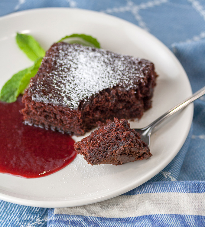 Luscious Chocolate Cake & Raspberry Sauce; 2015 Jane Bonacci, The Heritage Cook