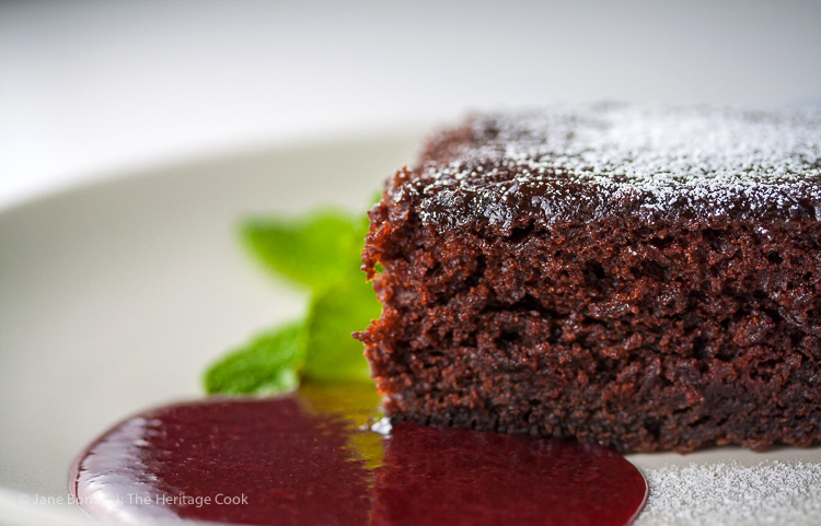 Luscious Chocolate Cake & Raspberry Sauce; 2015 Jane Bonacci, The Heritage Cook