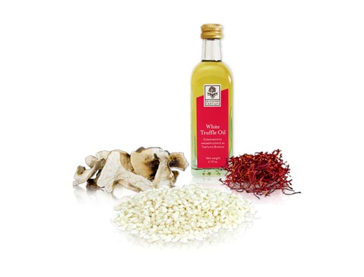 Marx Foods Risotto kit ingredients, truffle oil, dried mushrooms, saffron, and Italian rice