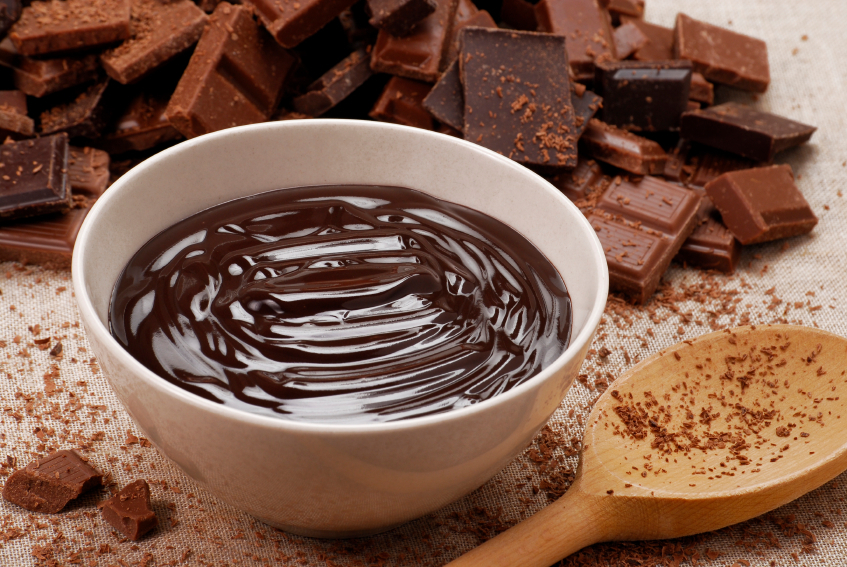Bowl of melted chocolate with chopped chocolate and wooden spoon