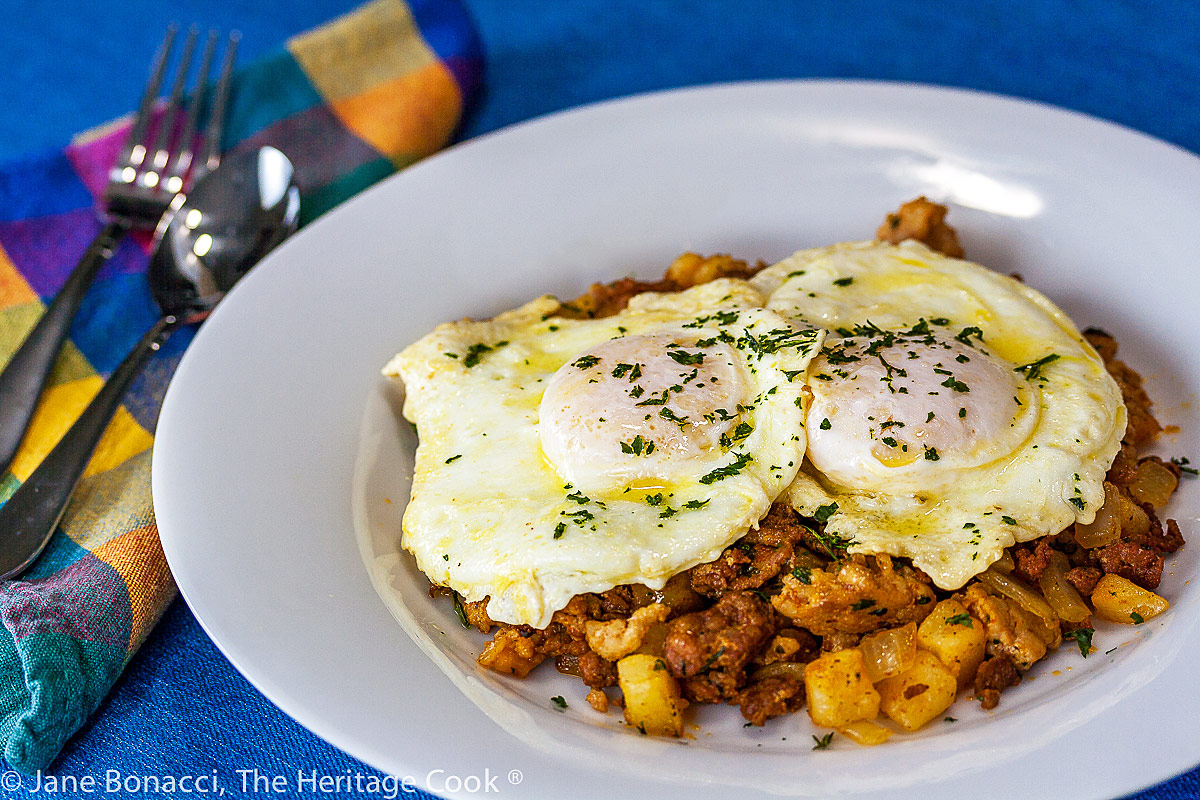 Full plate of hash and eggs; Chorizo Hash and Eggs for Father’s Day Brunch (Gluten Free); © 2022 Jane Bonacci, The Heritage Cook
