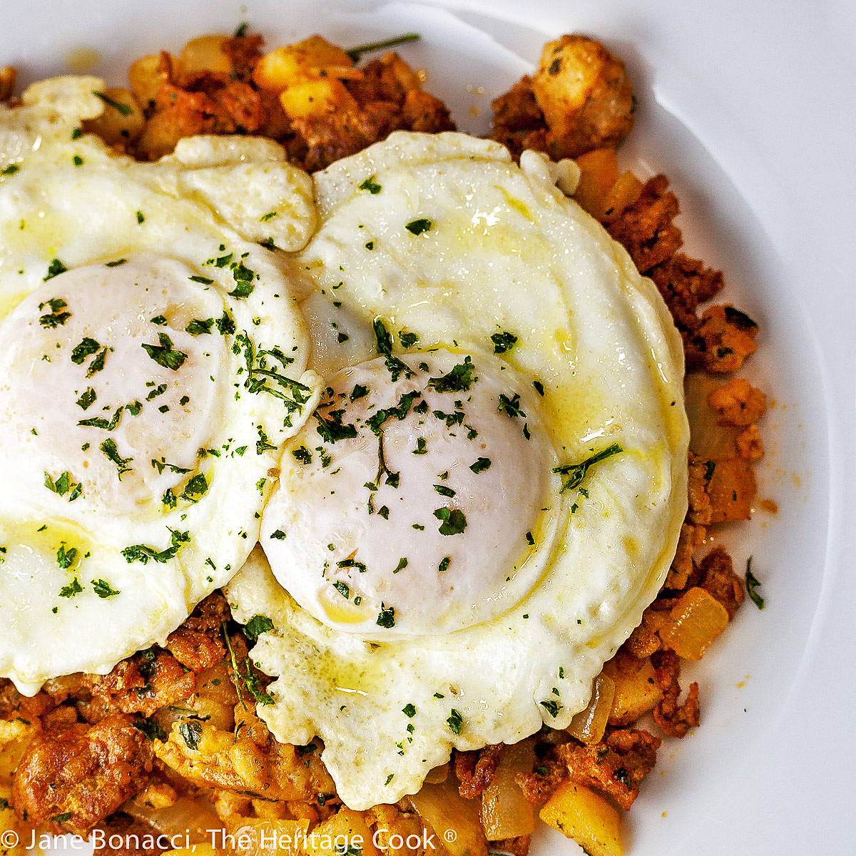 Chorizo Hash and Eggs for Father’s Day Brunch (Gluten Free); © 2022 Jane Bonacci, The Heritage Cook