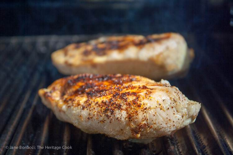 Chicken breasts on the grill; Savory Sassy Chocolate BBQ Sauce; 2015 Jane Bonacci, The Heritage Cook