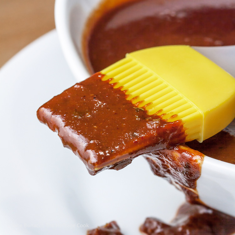 Sauce dripping off brush-Savory Sassy Chocolate BBQ Sauce; 2015 Jane Bonacci, The Heritage Cook