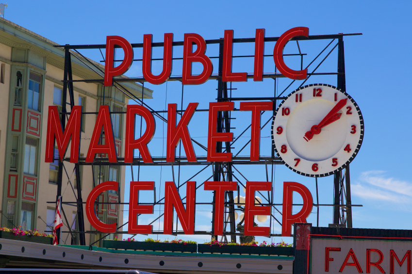 Pike Place Public Market Center Sign during daylight; IFBC 2015 is Bubbling; 2015 Jane Bonacci, The Heritage Cook