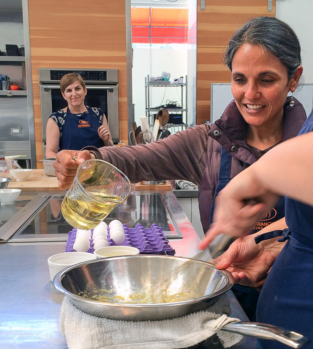Making mayonnaise by hand; Day at the San Francisco Cooking School; 2015 Jane Bonacci, The Heritage Cook
