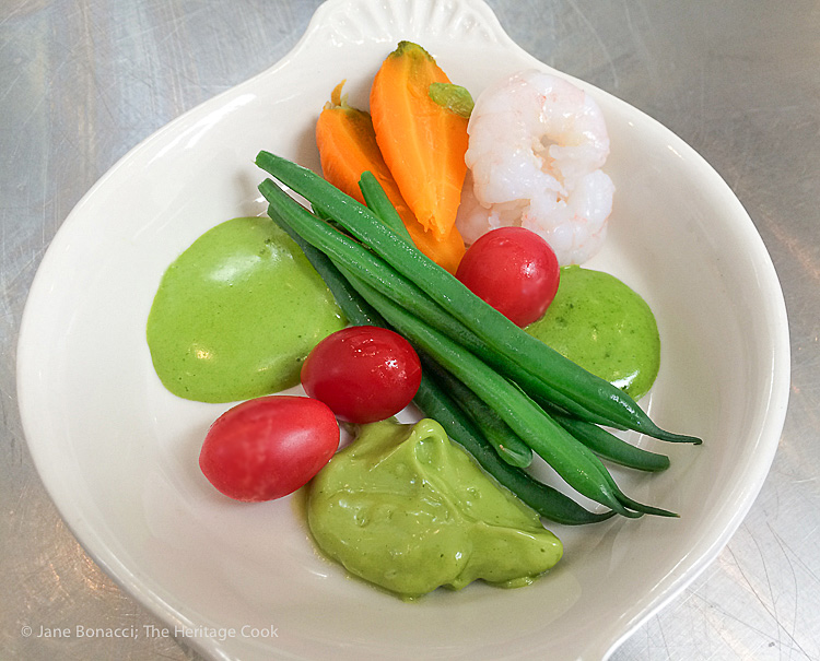3 different herb mayonnaise flavors and vegetable appetizer; Day at the San Francisco Cooking School; 2015 Jane Bonacci, The Heritage Cook