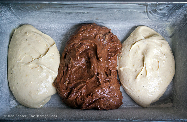 Alternating dollops of chocolate and vanilla cake batters; Chocolate Swirl Cake; 2015 Jane Bonacci, The Heritage Cook 