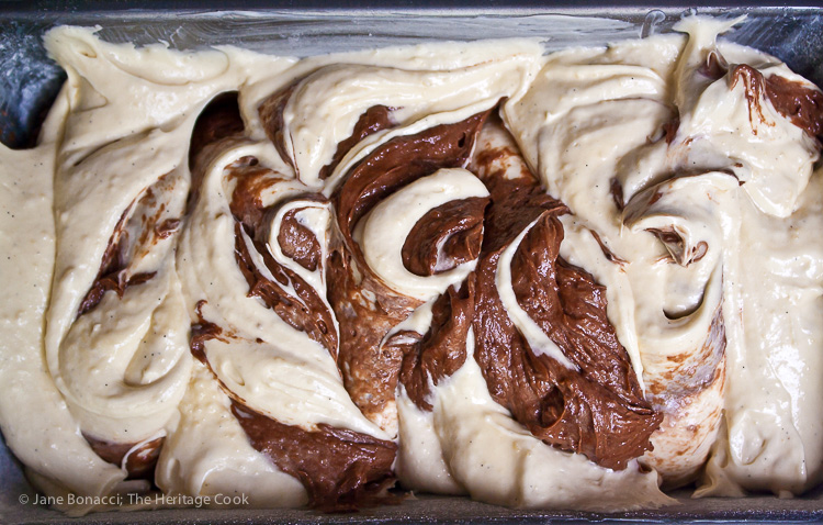 Two batters swirled before baking; Chocolate Swirl Cake; 2015 Jane Bonacci, The Heritage Cook 