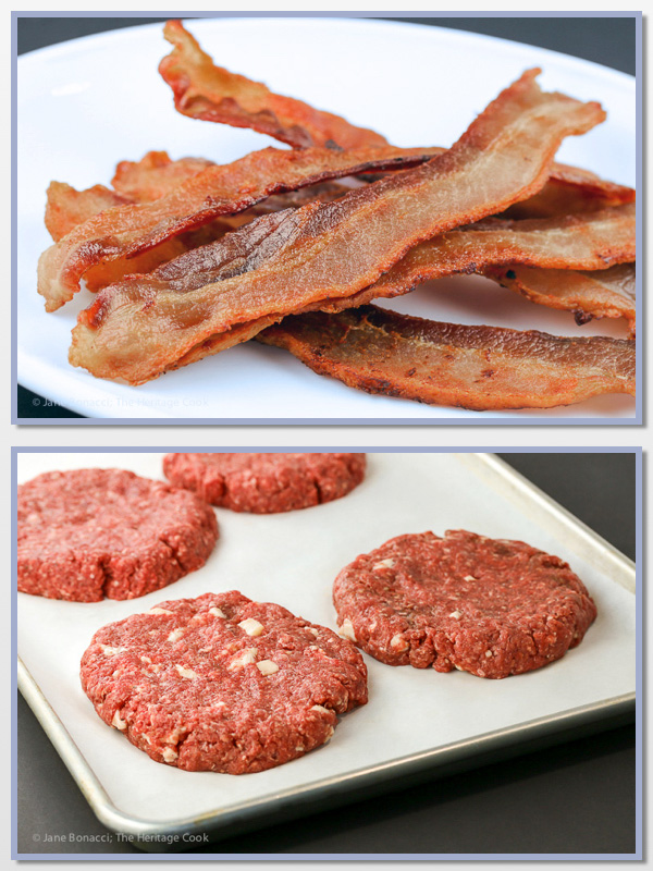 Bacon is a secret weapon for keeping ground buffalo moist when grilling; Santa Fe Green Chile Bacon Cheeseburgers; 2015 Jane Bonacci, The Heritage Cook