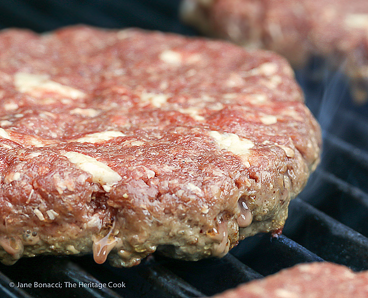 Buffalo burgers on the grill; Santa Fe Green Chile Bacon Cheeseburgers; 2015 Jane Bonacci, The Heritage Cook