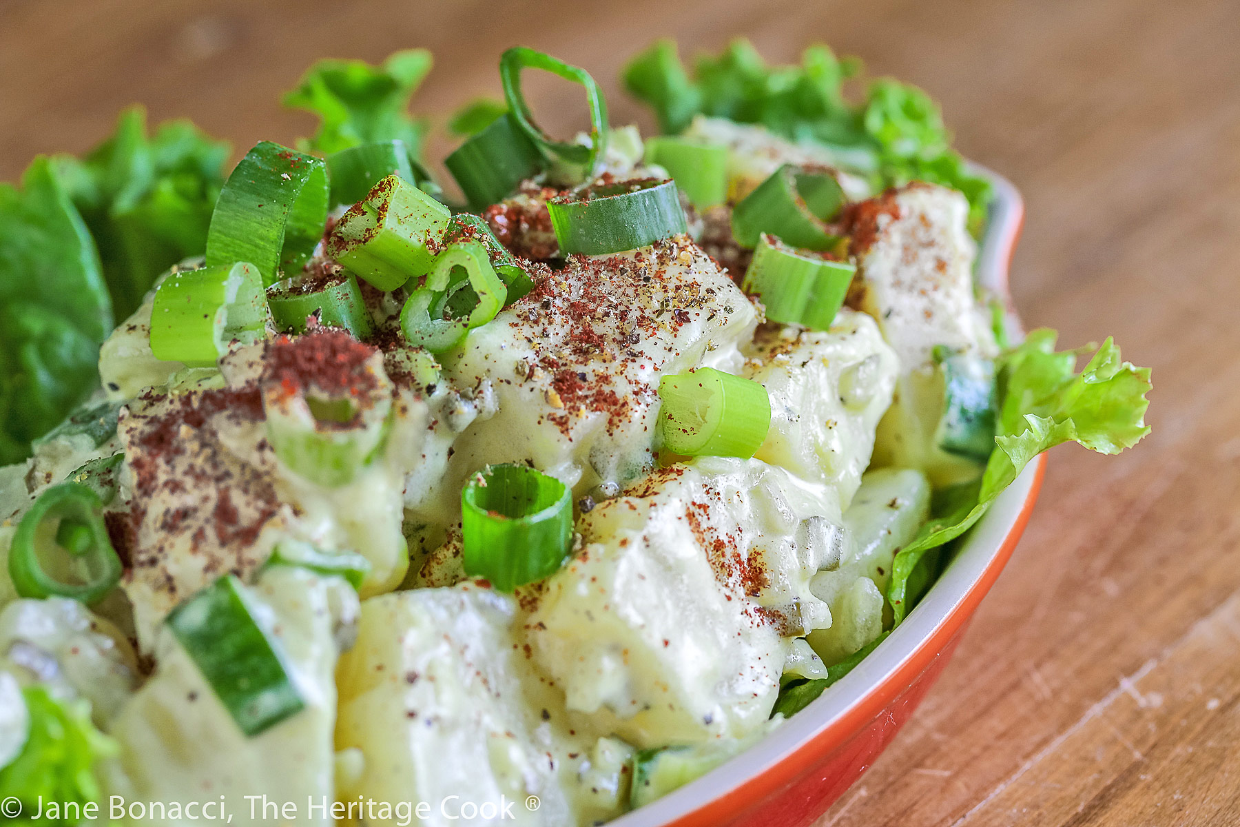 Old Fashioned Simple Potato Salad (Gluten-Free) piled in a lettuce leaf-lined red au gratin dish, sprinkled with green onions and paprika; © 2023 Jane Bonacci, The Heritage Cook.