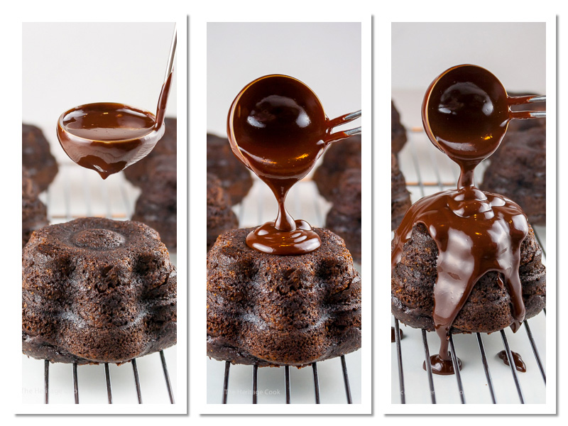 Pouring chocolate ganache over the mini cakes; Mini Chocolate Flower Cakes with Chocolate Glaze; 2015 Jane Bonacci, The Heritage Cook