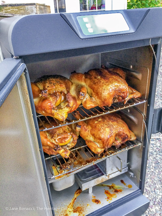 Chickens perfectly cooked in the smoker; Smoked Chicken Salad; Jane Bonacci, The Heritage Cook 2019