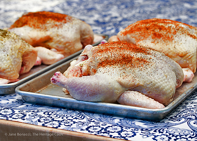 Chickens prepped for smoking; Smoked Chicken Salad; Jane Bonacci, The Heritage Cook 2019