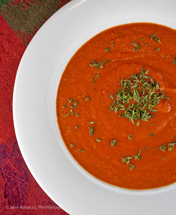 Perfect for cool autumn days; Soul-Warming Tomato Soup with Peppers and Onions; 2015 Jane Bonacci, The Heritage Cook