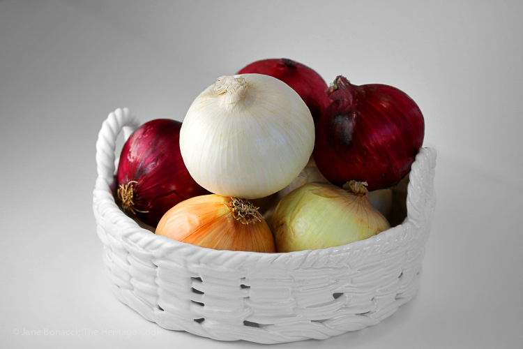Beautiful fresh onions; Soul-Warming Tomato Soup with Peppers and Onions; 2015 Jane Bonacci, The Heritage Cook