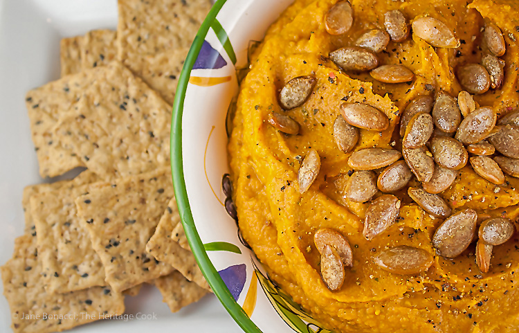 Chile Pumpkin Hummus with Dukkah-Seasoned Pumpkin Seeds; Some favorites from The Heritage Cook's Library of Recipes; 2015 Jane Bonacci, The Heritage Cook