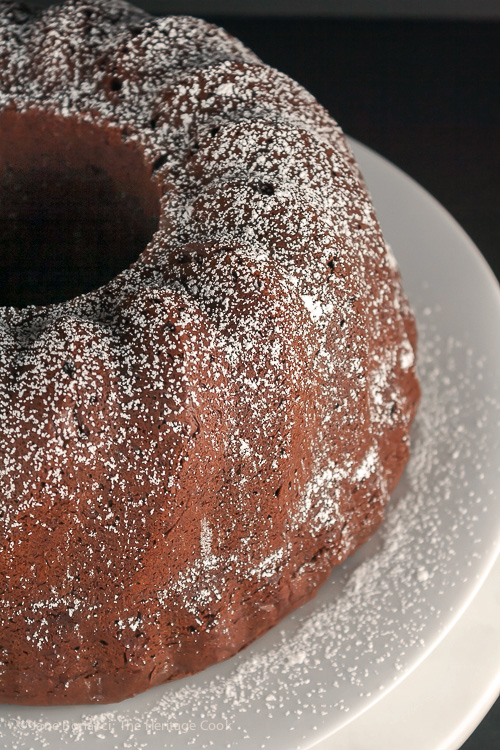 Bundt cake with shower of powdered sugar; Chocolate Red Wine Bundt Cake; 2015 Jane Bonacci, The Heritage Cook