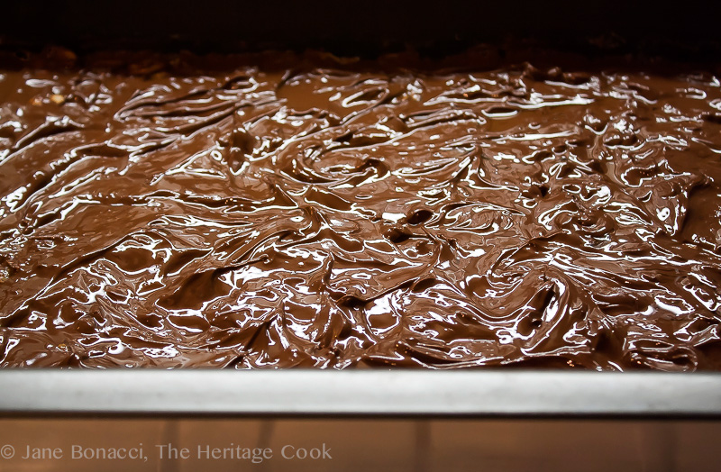 Melted chocolate that looks like waves on the ocean - Surf's Up! Nutty Chocolate-Caramel Bar Cookies; © 2015 Jane Bonacci, The Heritage Cook