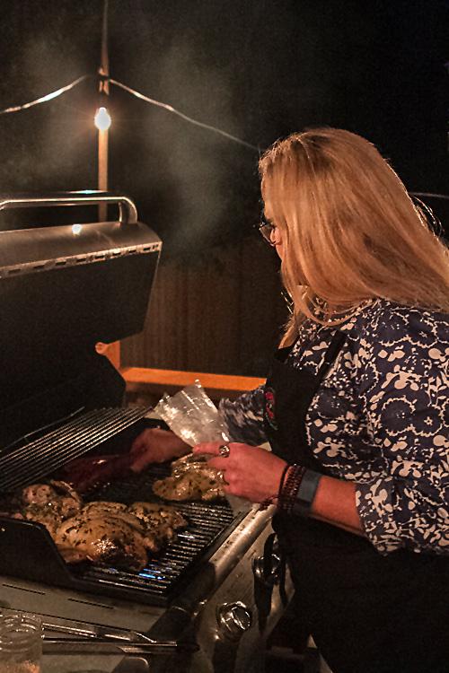 Chef Shannon Kinsella grilling donated meats for Urban Farm Dinner; Urban Farm Dinner with Barn2Door at IFBC 2015; Robin Ove, What About the Food?