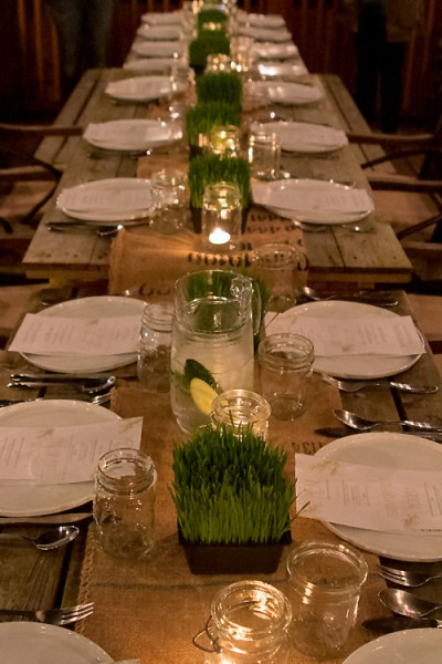 Table set for our Urban Farm Dinner; Urban Farm Dinner with Barn2Door at IFBC 2015; Robin Ove, What About the Food?