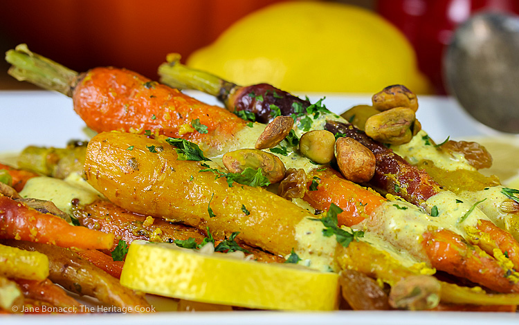 Roasted Curried Carrots with Raisins and Yogurt Sauce (Gluten-Free); 2015 Jane Bonacci, The Heritage Cook. 