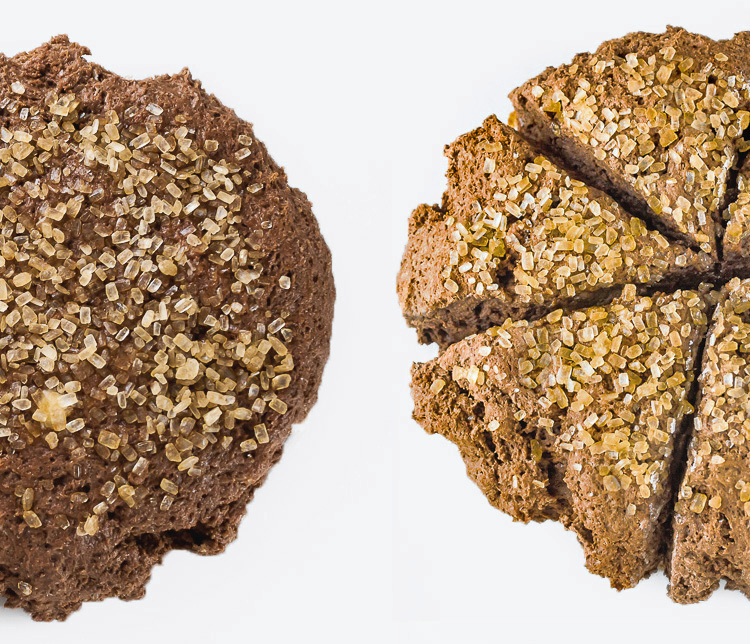 Raw dough and baked scones side by side; Double Chocolate Sugared Scones; 2015 Jane Bonacci, The Heritage Cook