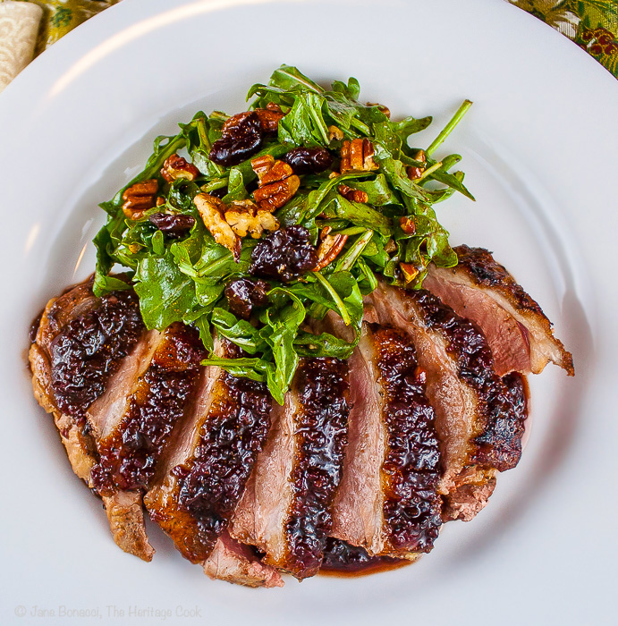 Cherry Glazed Duck Breasts and Arugula Salad with Cherry Vinaigrette; © 2013 Jane Bonacci, The Heritage Cook