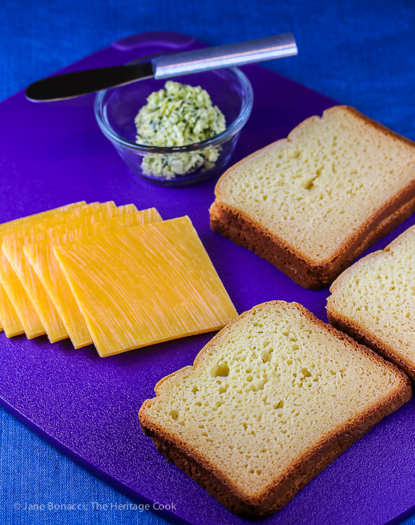 Grilled cheese sandwich set-up; The Ultimate Comfort Food - Crispy Basil Grilled Cheese Sandwiches; © 2016 Jane Bonacci, The Heritage Cook