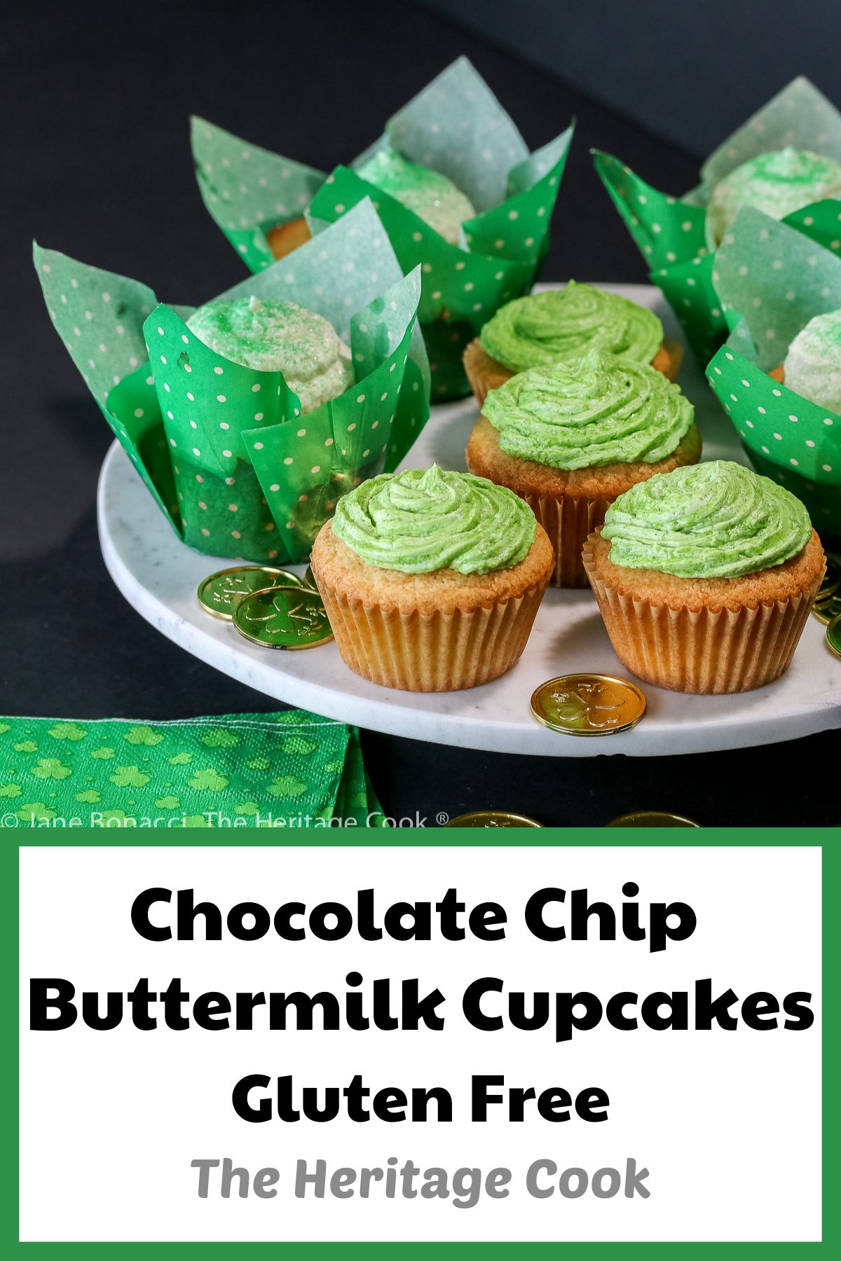 Vanilla cupcakes in festive cupcake papers, some with green frosting and some with white and green sugar sprinkles; Festive luscious chocolate chip buttermilk cupcakes with a surprise inside, perfect for any holiday © 2023 Jane Bonacci, The Heritage Cook. 