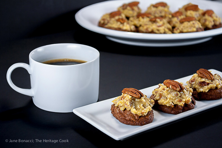 German Chocolate Cookies; dark chocolate cookies topped with coconut cake frosting and pecans; © 2014 Jane Bonacci, The Heritage Cook