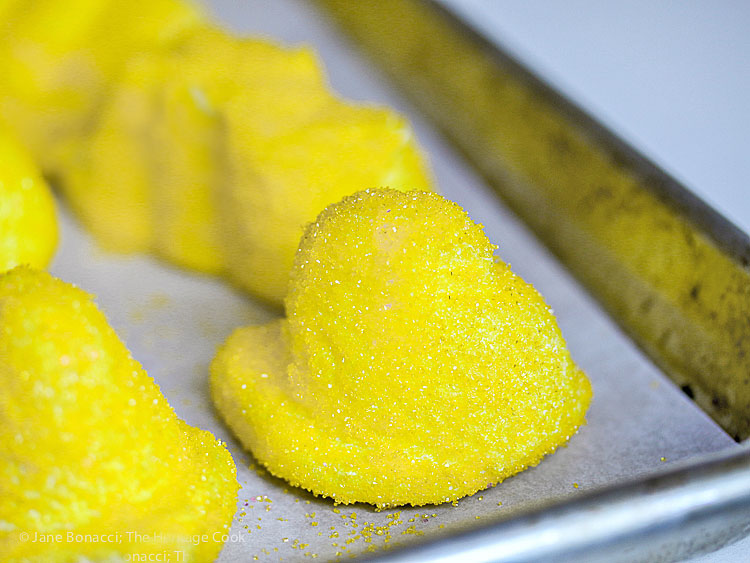 Freshly coated yellow chick peeps; Bright Sugar Coated Homemade Peeps; @ 2016 Jane Bonacci, The Heritage Cook