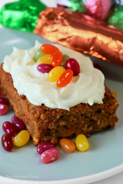Festive candies add fun to any dessert; White Chocolate Studded Carrot Cake with Cream Cheese Frosting for Easter; © 2016 Jane Bonacci, The Heritage Cook