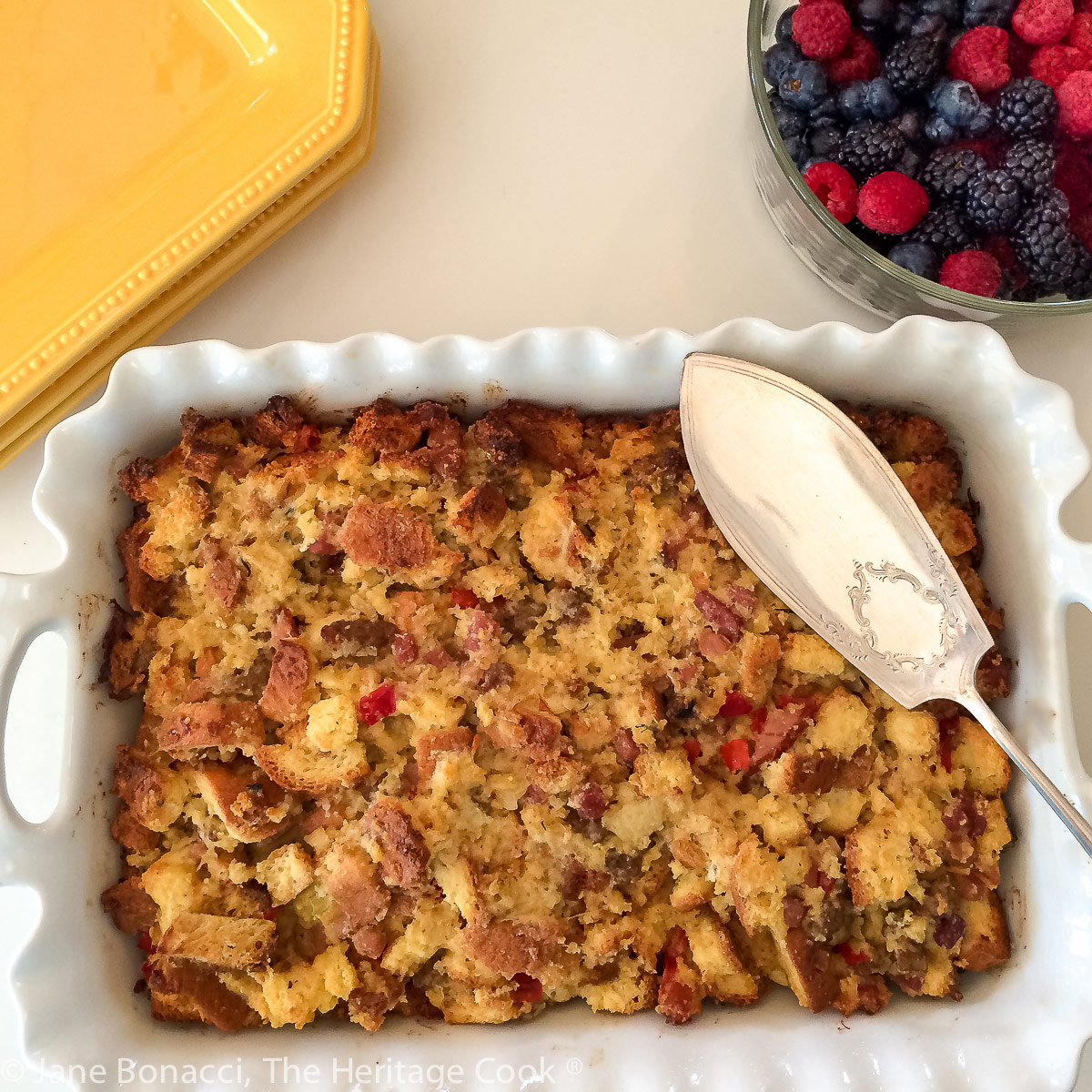 Breakfast Strata (savory bread pudding) and Marina del Rey Morning in Southern California © 2022 Jane Bonacci, The Heritage Cook.