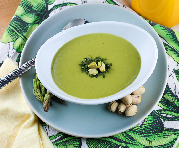 Top down on soup bowl and plate; Dairy-Free Cream of Asparagus Soup (Gluten-Free); © 2016 Jane Bonacci, The Heritage cook