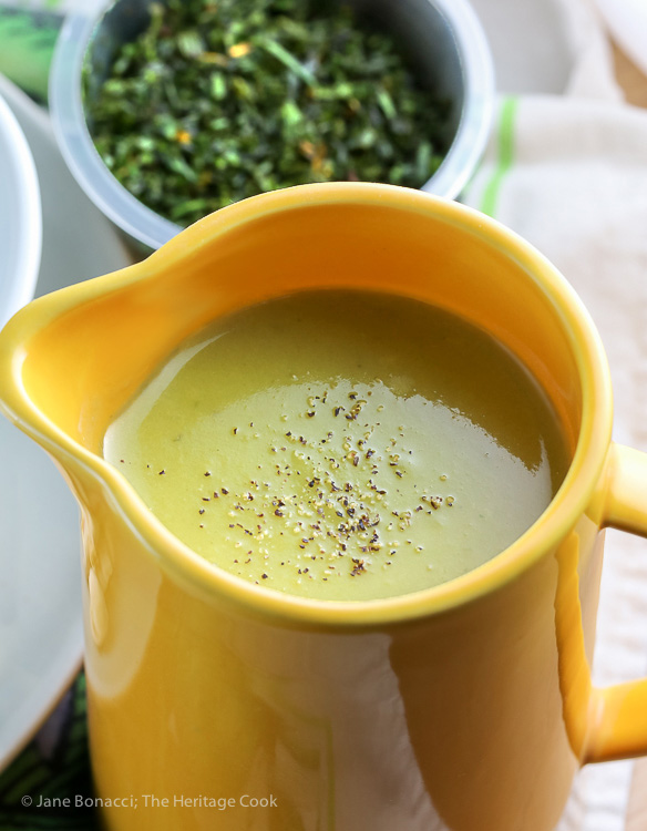 Serving soup in individual pitchers makes every meal fun! Dairy-Free Cream of Asparagus Soup (Gluten-Free); © 2016 Jane Bonacci, The Heritage cook