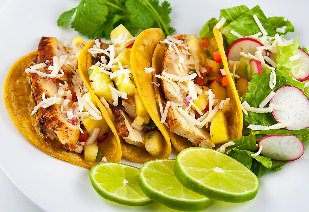 Chicken Tacos al Pastor with Pineapple Salsa; © 2014 Jane Bonacci, The Heritage Cook