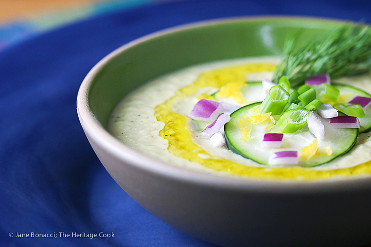 Chilled Cucumber and Hummus Summer Soup (Gluten-Free); © 2016 Jane Bonacci, The Heritage Cook