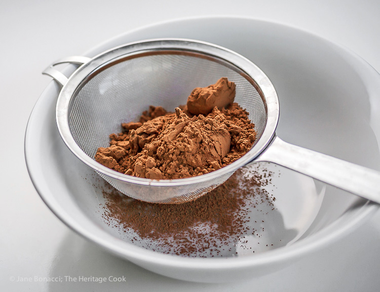 Sift cocoa powder for perfect dusting; Gluten-Free Chocolate Tiramisu; © 2016 Jane Bonacci, The Heritage Cook