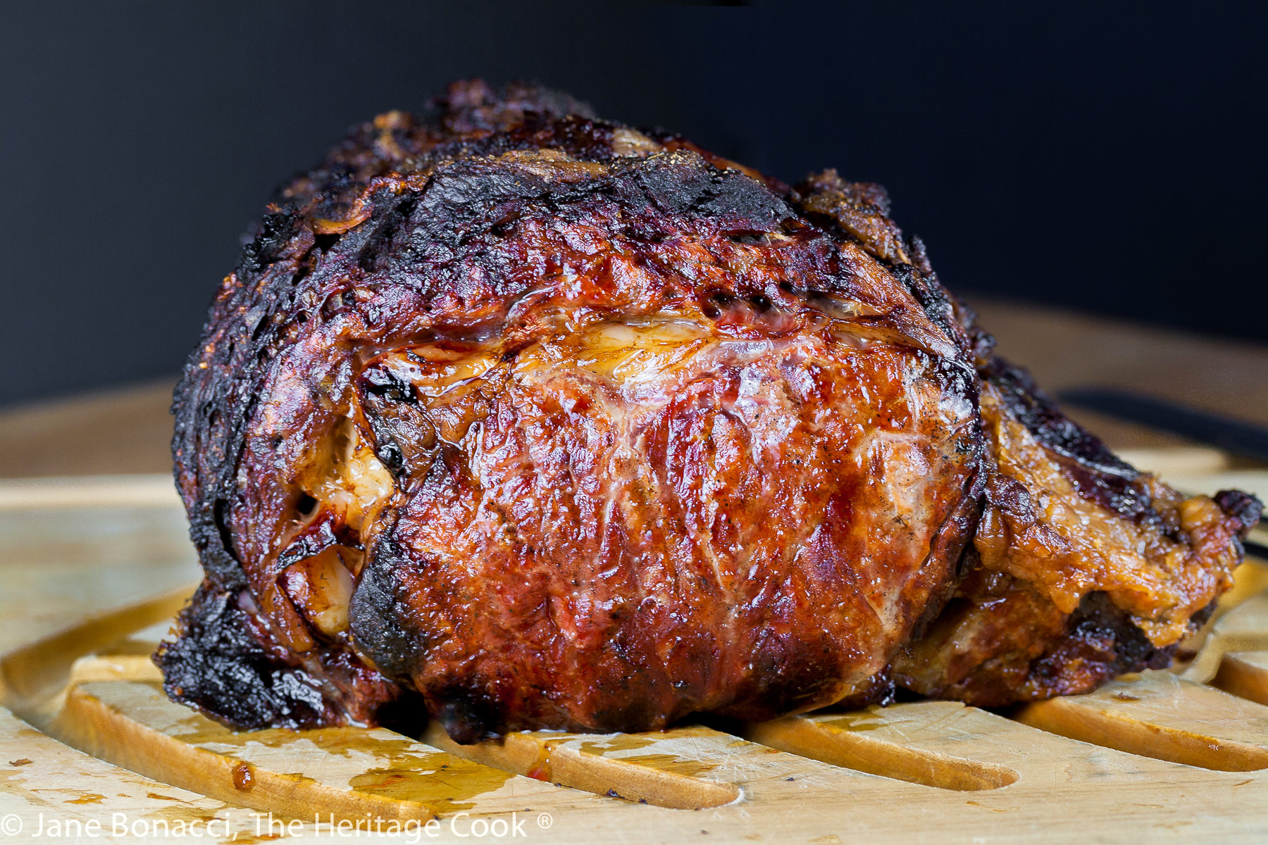 Prime rib roast, hot off the grill and perfectly browned - mouthwatering! 