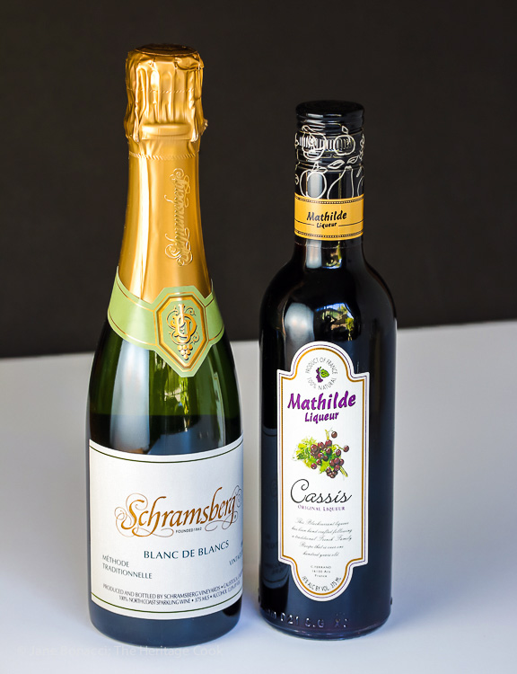 Sparkling wine & Cassis liqueur to make Kir Royale Cocktails; Kir Royale Champagne Cocktails; © 2016 Jane Bonacci, The Heritage Cook