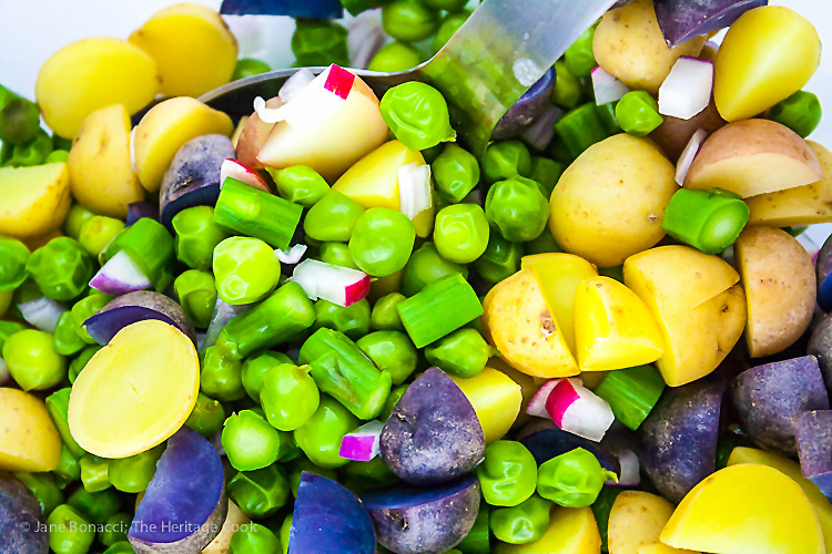 Potato, Spring Vegetable, and Bacon Salad with Lemon Vinaigrette; © 2019 Jane Bonacci, The Heritage Cook