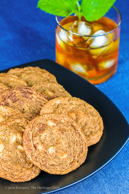 Plate of cookies with glass of iced tea; White Chocolate Snickerdoodles; © 2016 Jane Bonacci, The Heritage Cook
