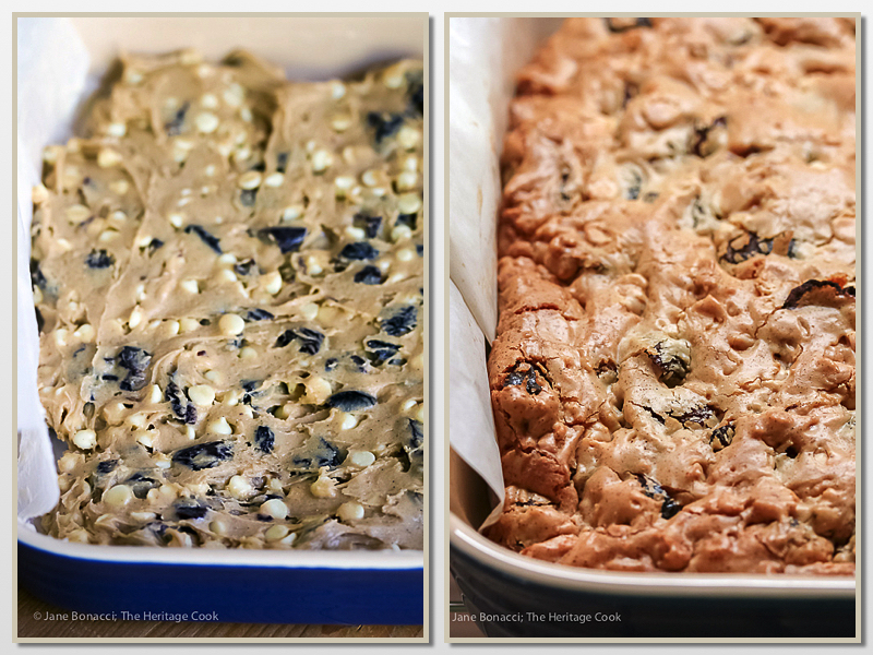 Before and after baking; Gluten Free White Chocolate and Cherry Blondies; Jane Bonacci, The Heritage Cook