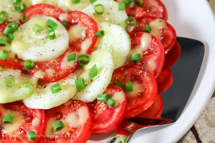 Celebrate the flavors of summer with this Tomato and Cucumber Summer Salad; SummerSoiree 2016 Jane Bonacci, The Heritage Cook