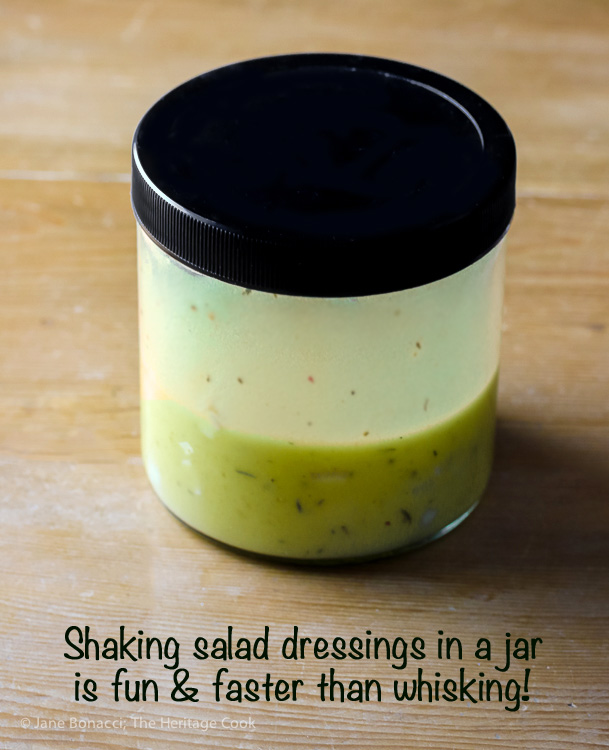 Shake dressing in a jar instead of whisking; Tomato and Cucumber Summer Salad; SummerSoiree 2016 Jane Bonacci, The Heritage Cook