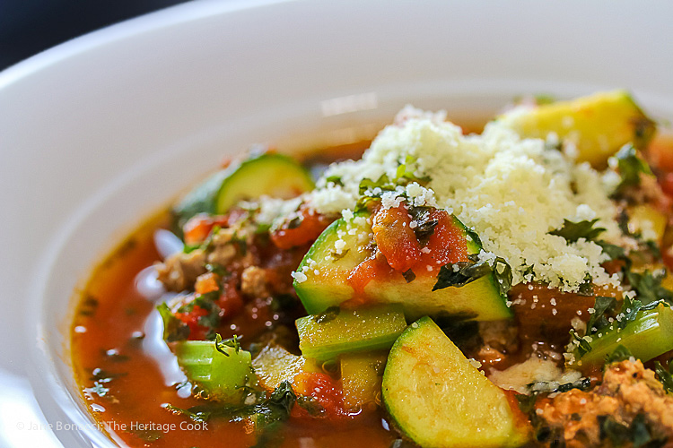 Italian Sausage Zucchini Soup for #SoupSwapParty; © 2016 Jane Bonacci, The Heritage Cook. All rights reserved. 