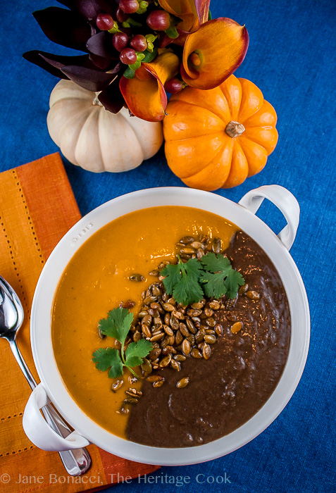 Halloween Black & Orange Soups, Curried Butternut Squash-Carrot Soup & Spicy Black Bean Soup; © 2016 The Heritage Cook. All rights reserved. 